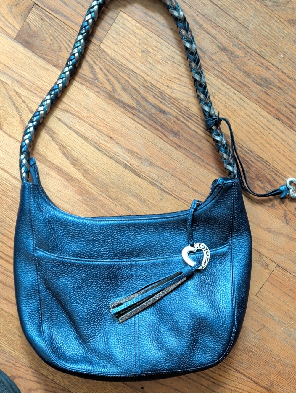Brighton Pewter Blue Barbados Hobo Shoulder Bag Purse Braided Strap Zippered EUC